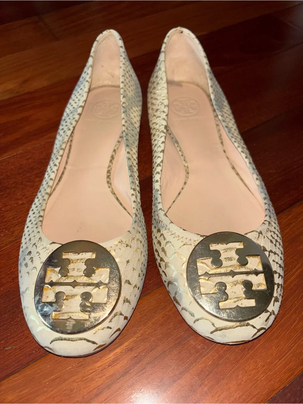 Tory Burch Cream Snakeskin-Embossed Ballet Flats with Gold Logo